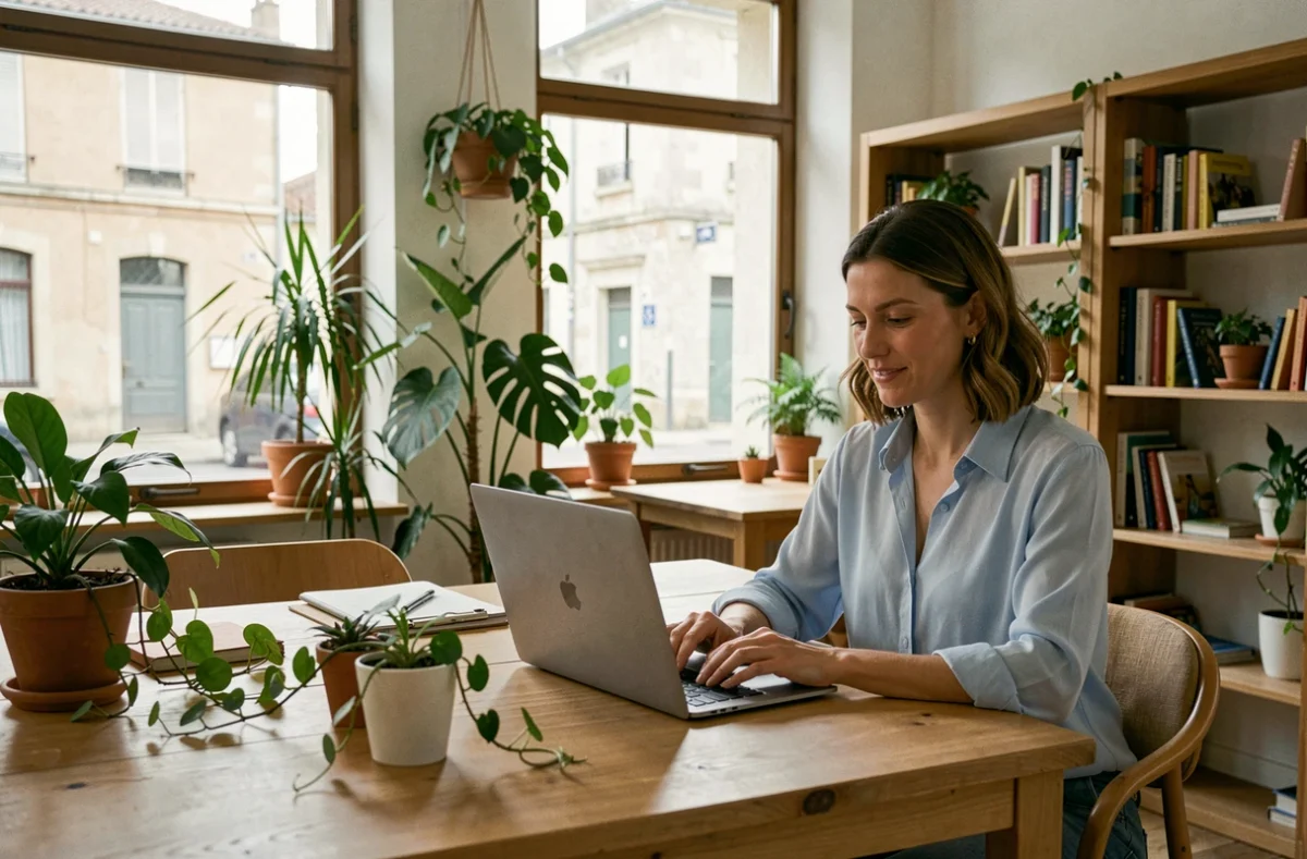 Espace de coworking L'Entreprise Ouverte à Mareuil-lès-Meaux avec une femme travaillant sur un bureau en bois entouré de plantes