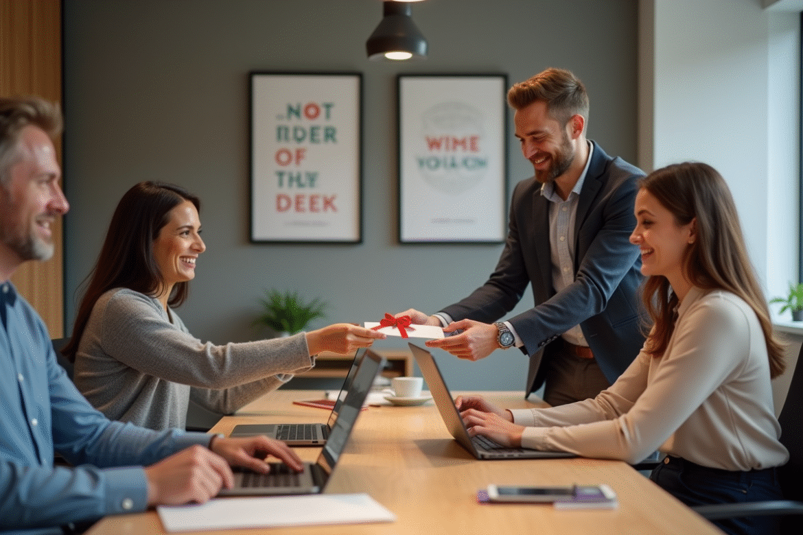 Groupe de collègues échangeant une carte cadeau en réunion