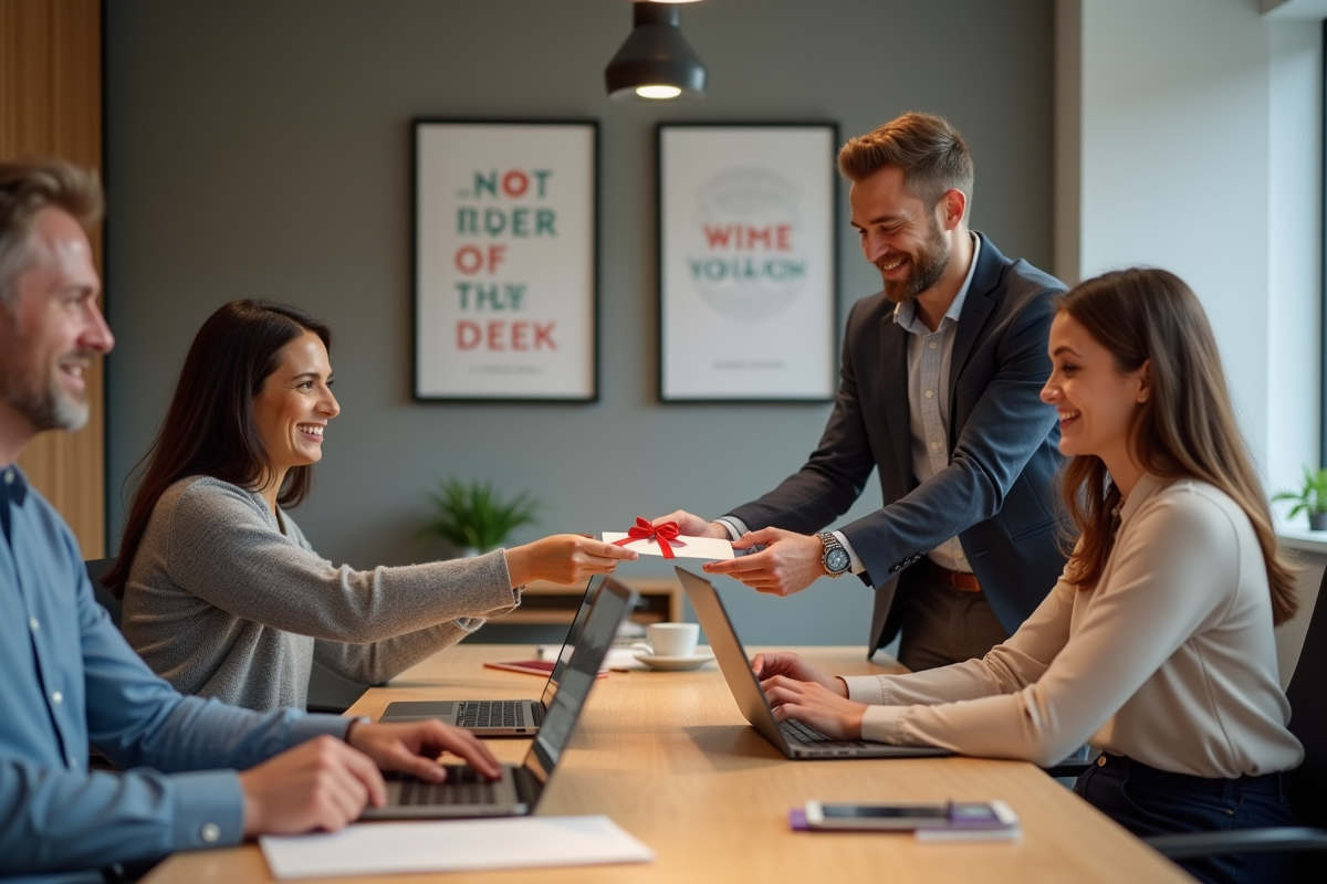 Groupe de collègues échangeant une carte cadeau en réunion