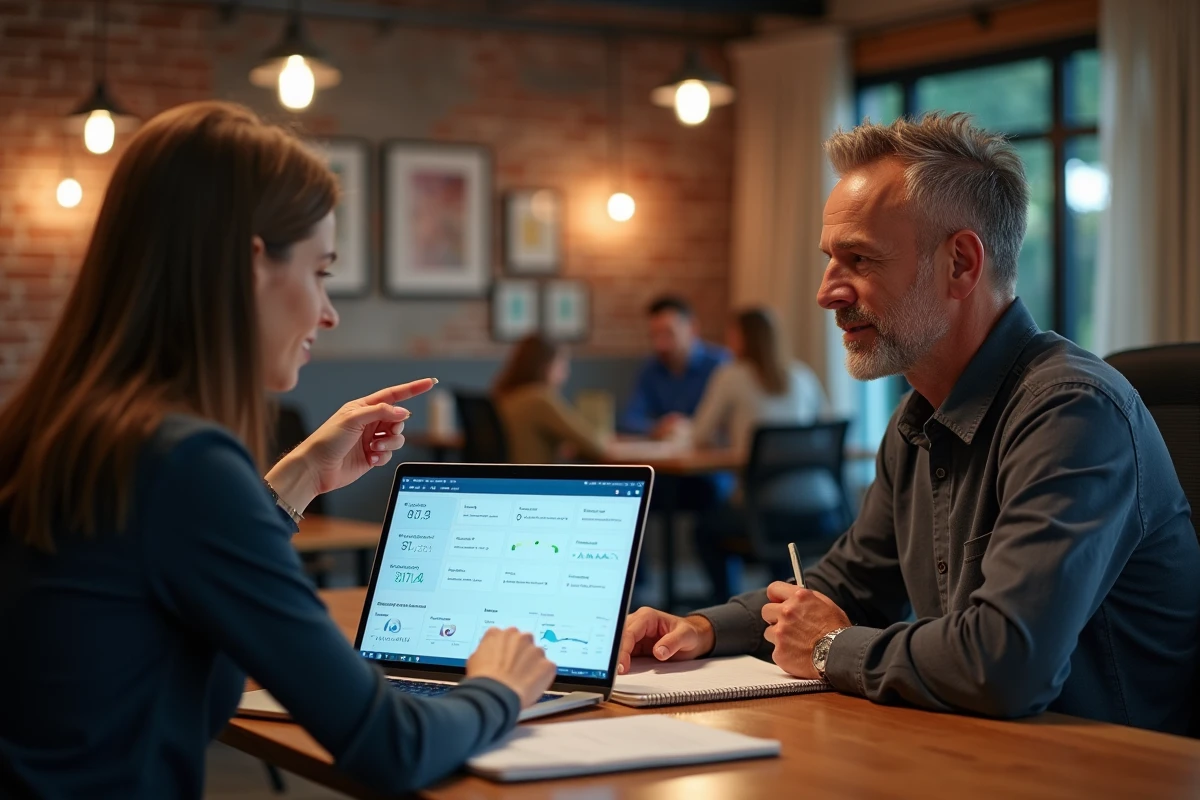 Deux professionnels examinant ensemble un logiciel de phoning Advisor avec indicateurs de conversion sur un ordinateur portable dans un espace de coworking