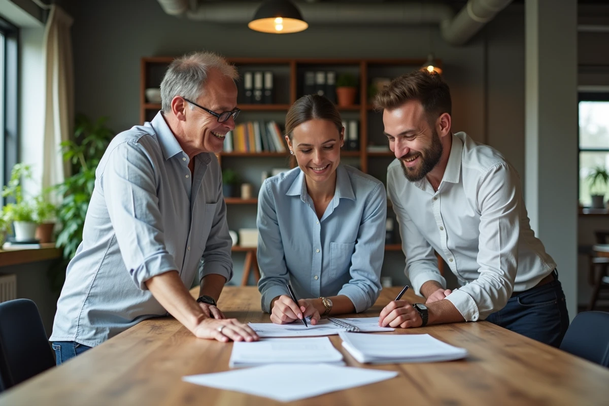 Groupe de trois personnes en réunion dans un bureau lumineux