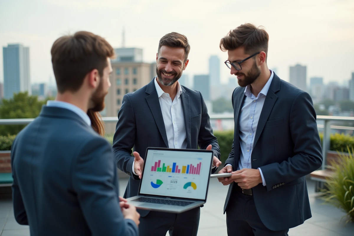 Groupe diversifié discutant sur un toit urbain avec un ordinateur portable