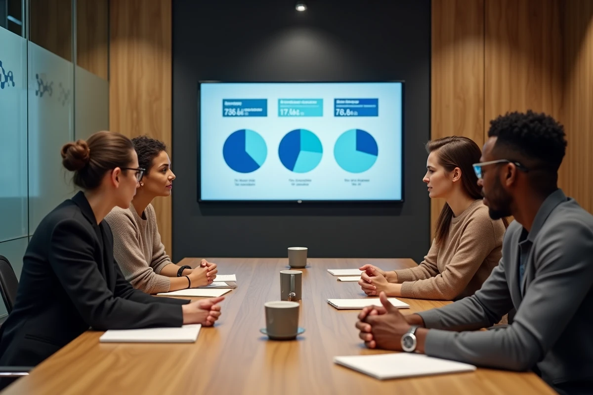 Équipe marketing analysant des indicateurs de performance publicitaire sur un écran interactif lors d'une réunion stratégique
