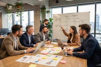 Équipe marketing et commerciale réunie autour d'une table de réunion pour aligner leur stratégie d'impact consumer