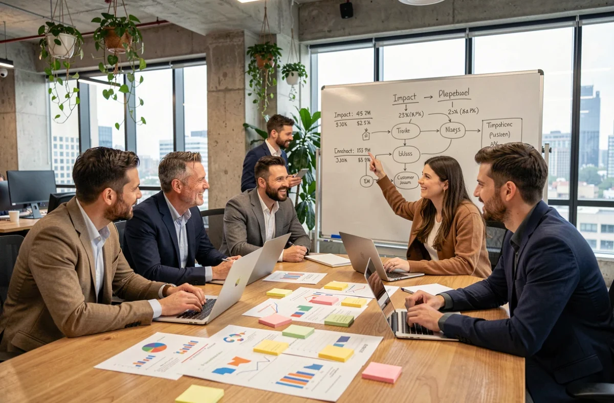 Équipe marketing et commerciale réunie autour d'une table de réunion pour aligner leur stratégie d'impact consumer