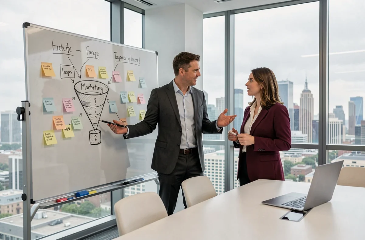 Deux professionnels du marketing collaborant autour d'une stratégie de conversion Loxia Socia sur un tableau blanc