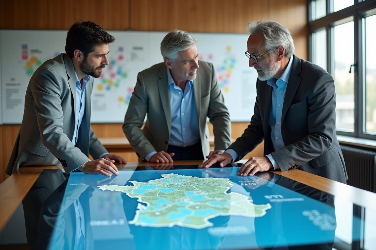 Équipe de planificateurs urbains analysant des données économiques territoriales sur une table numérique interactive