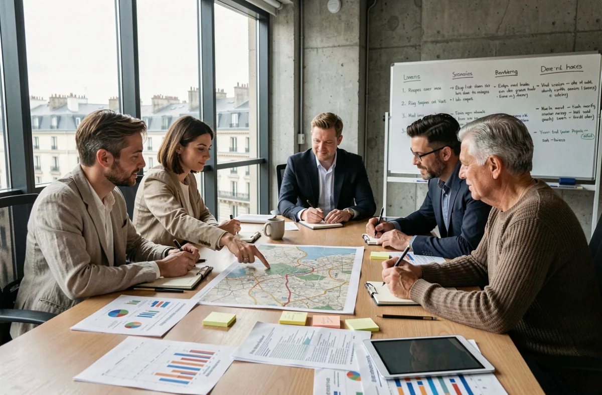 Équipe marketing planifiant une stratégie de prospection locale à partir du fichier des mairies après les élections 2026