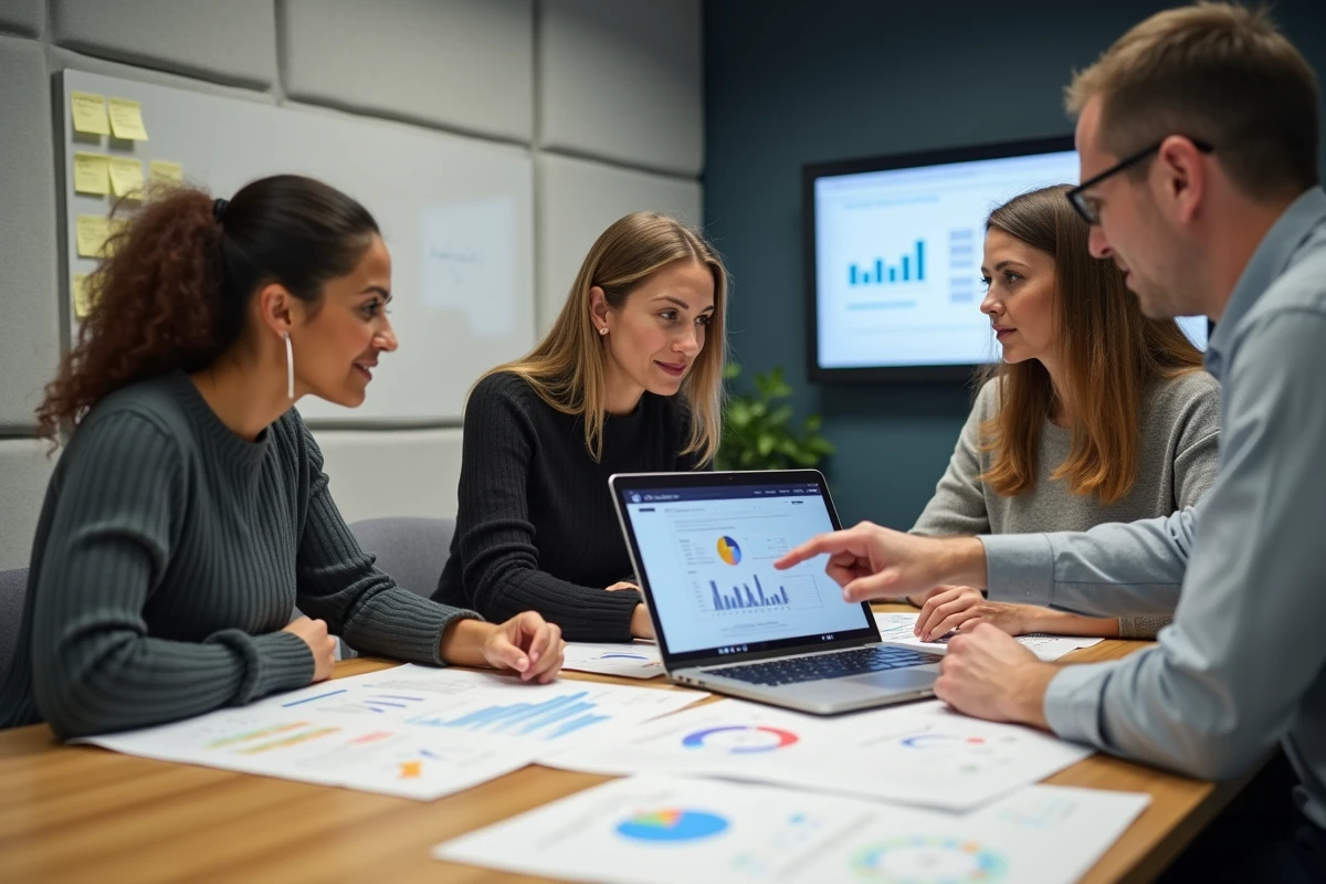 Équipe de professionnels en réunion autour de wireframes et d'un tableau de bord pour optimiser un portail métier