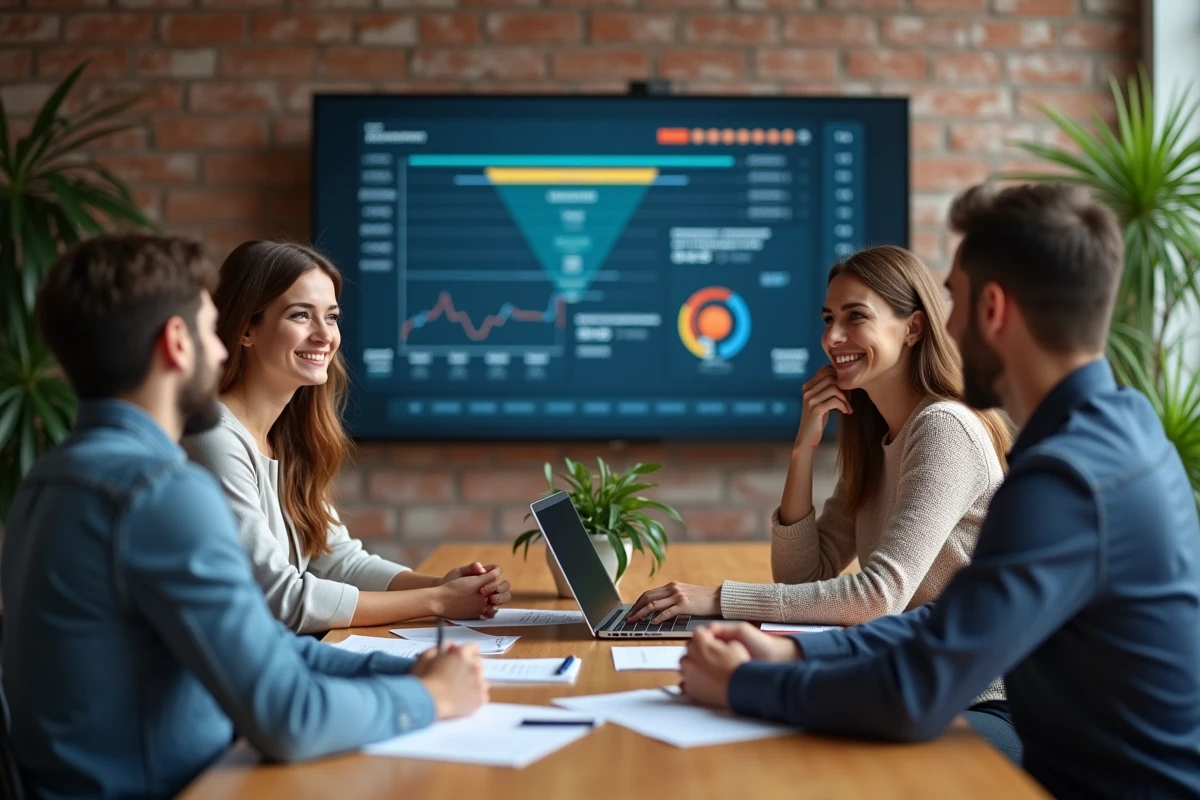 Équipe de professionnels SaaS en réunion stratégique pour optimiser le coût d'acquisition de leur site vitrine