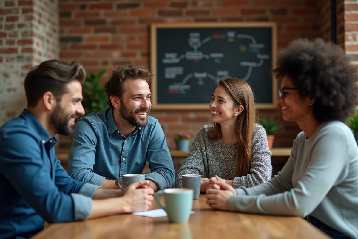 Groupe de quatre professionnels en réunion dans un espace créatif