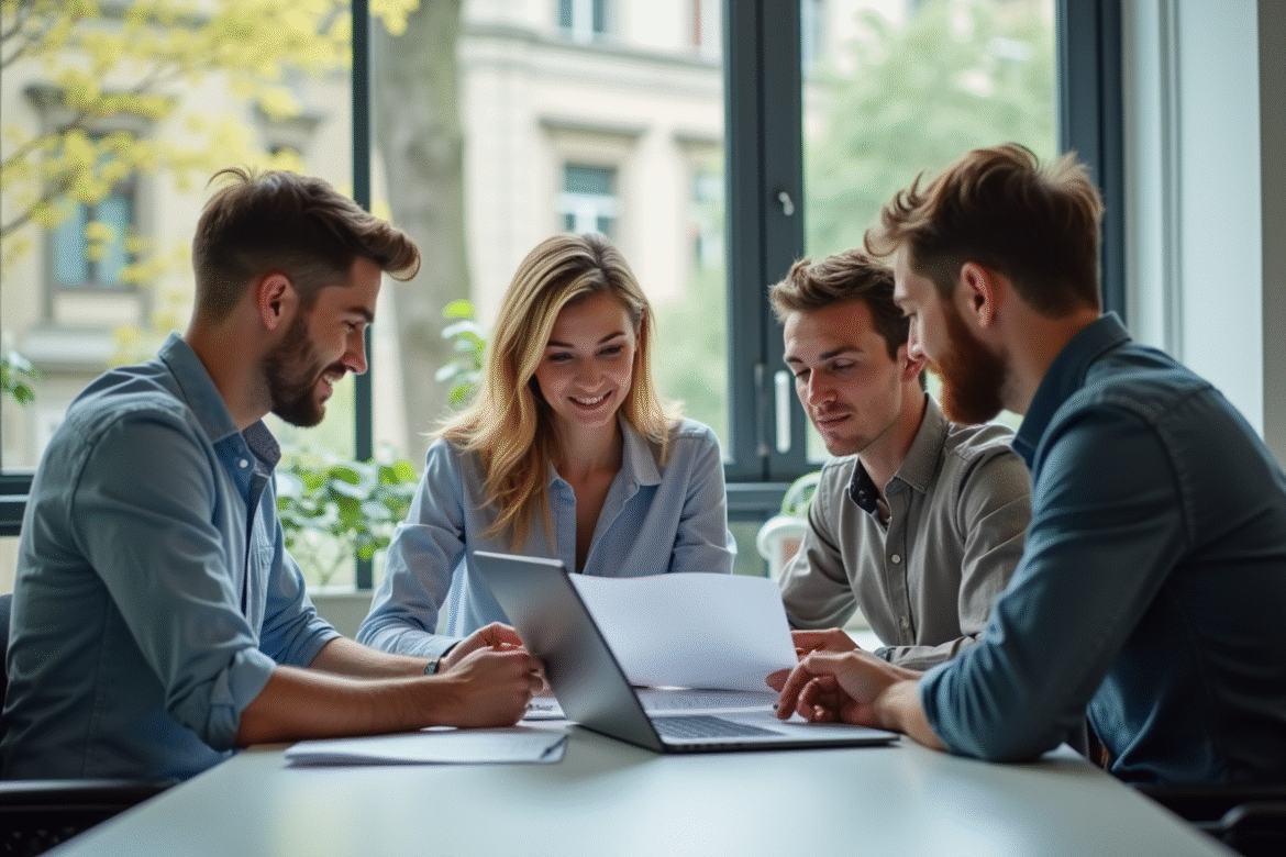 Jeune equipe startup discutant de documents financiers avec un comptable en ligne