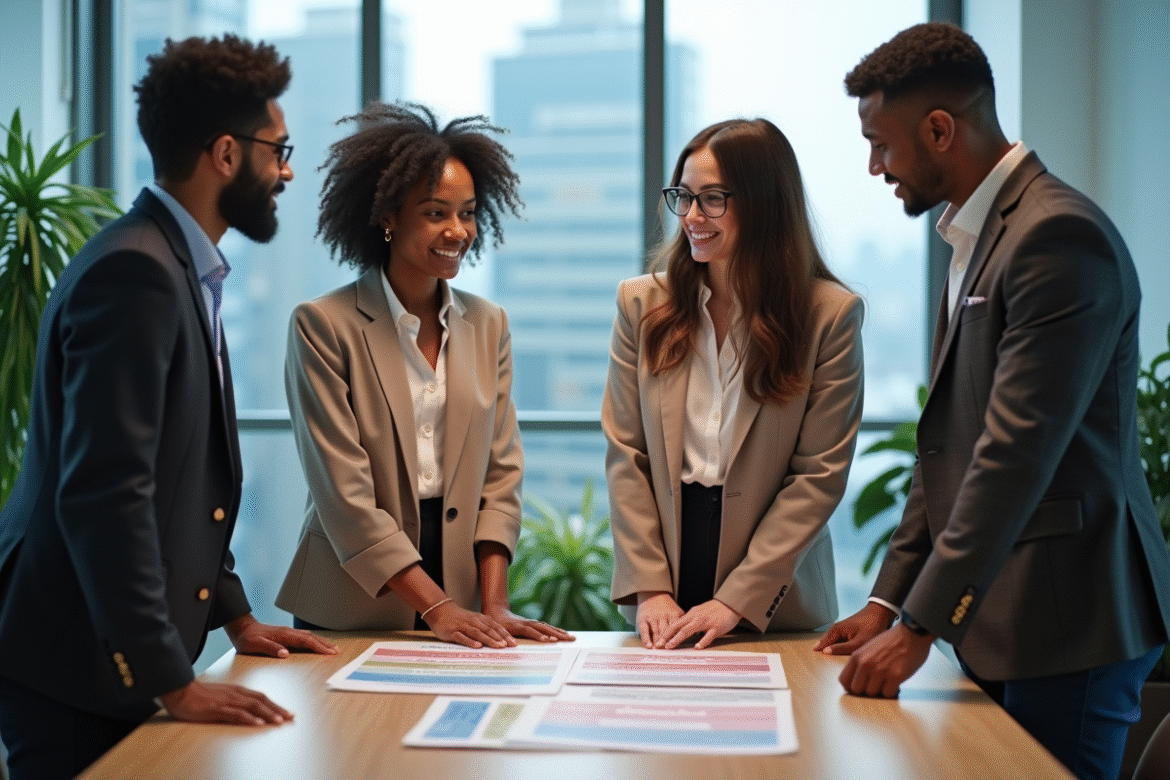 Groupe de professionnels discutant stratégie marketing en réunion