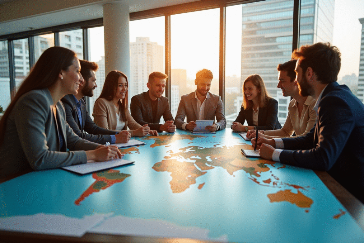 Groupe de professionnels en réunion autour d'une carte du monde