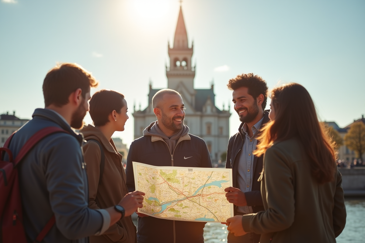 Groupe de jeunes diplômés en tourisme planifiant une visite urbaine