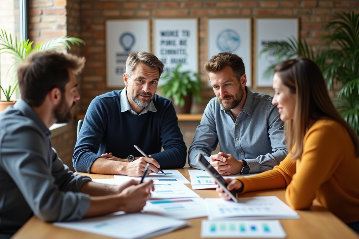 Groupe de collègues en réunion dans un espace lumineux