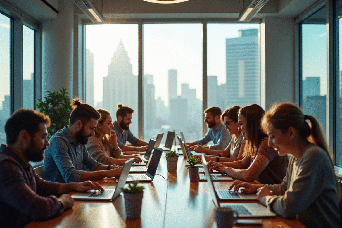 Espace coworking moderne avec professionnels collaborant