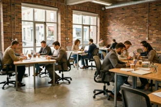 Espace de coworking moderne à Évreux avec des bureaux partagés en open space dans un bâtiment industriel rénové