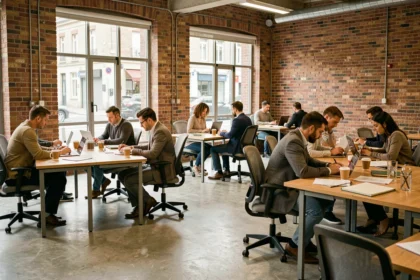 Espace de coworking moderne à Évreux avec des bureaux partagés en open space dans un bâtiment industriel rénové
