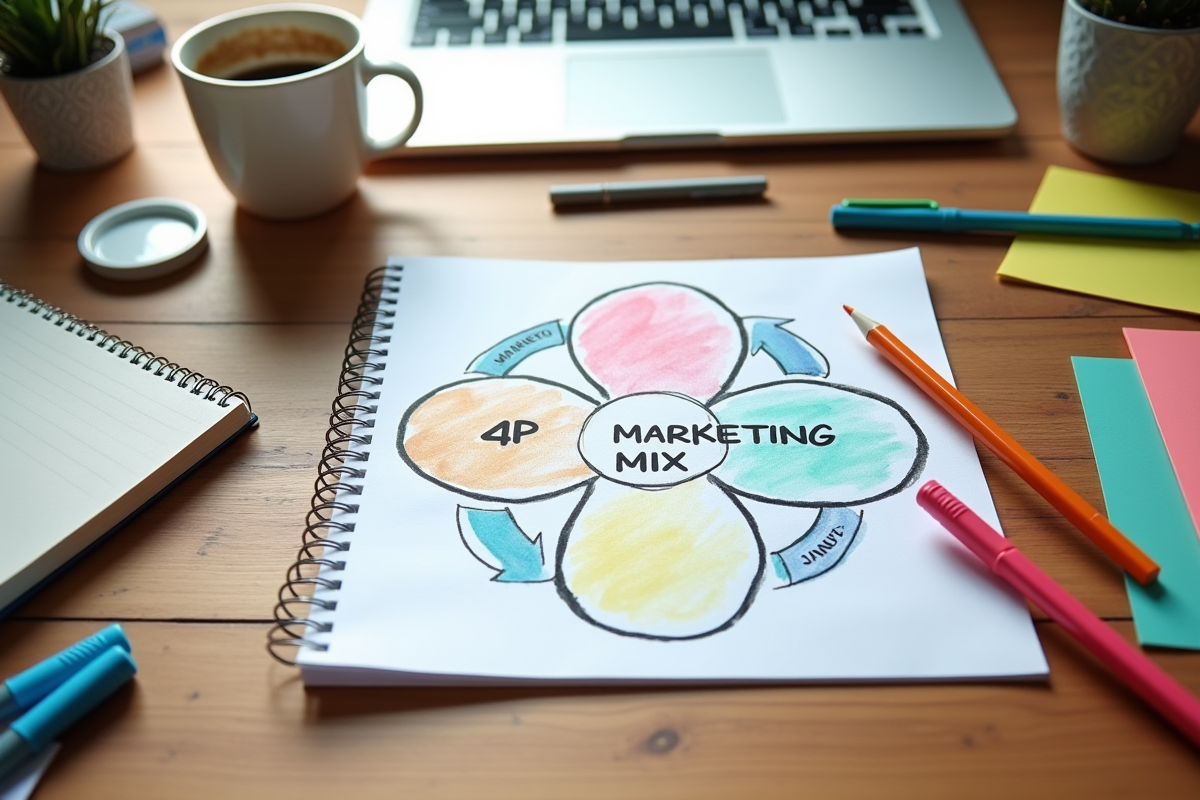 Bureau avec diagramme 4P marketing et notes créatives