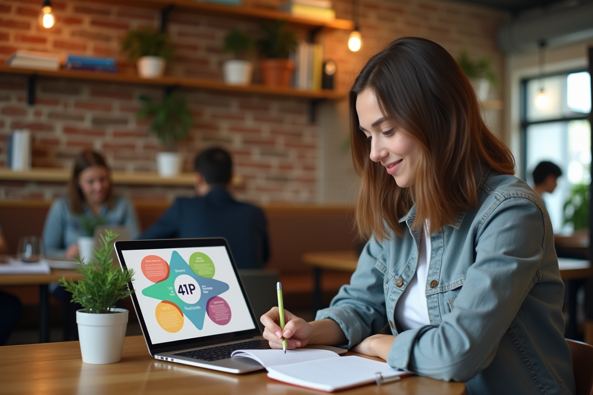 Jeune étudiante en marketing prenant des notes au café