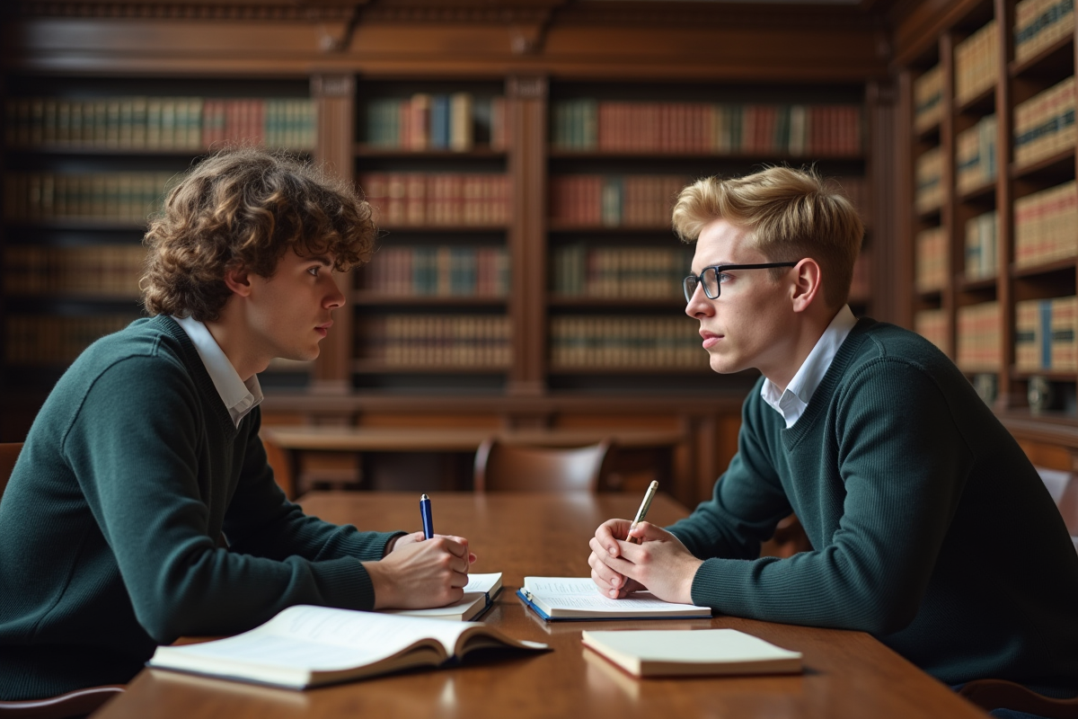 Deux jeunes étudiants en droit discutant à la bibliothèque