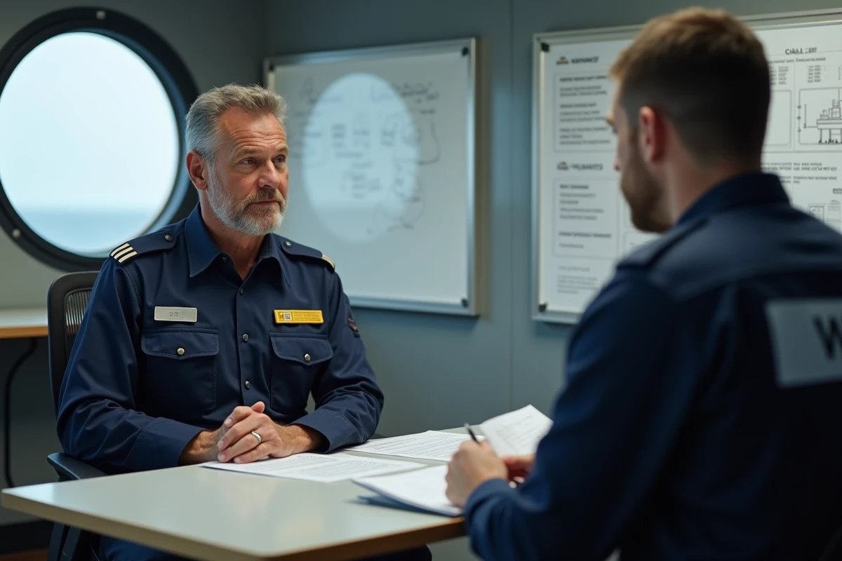 Superviseur offshore guidant un technicien lors d'un entretien de développement de carrière dans une salle de réunion en mer