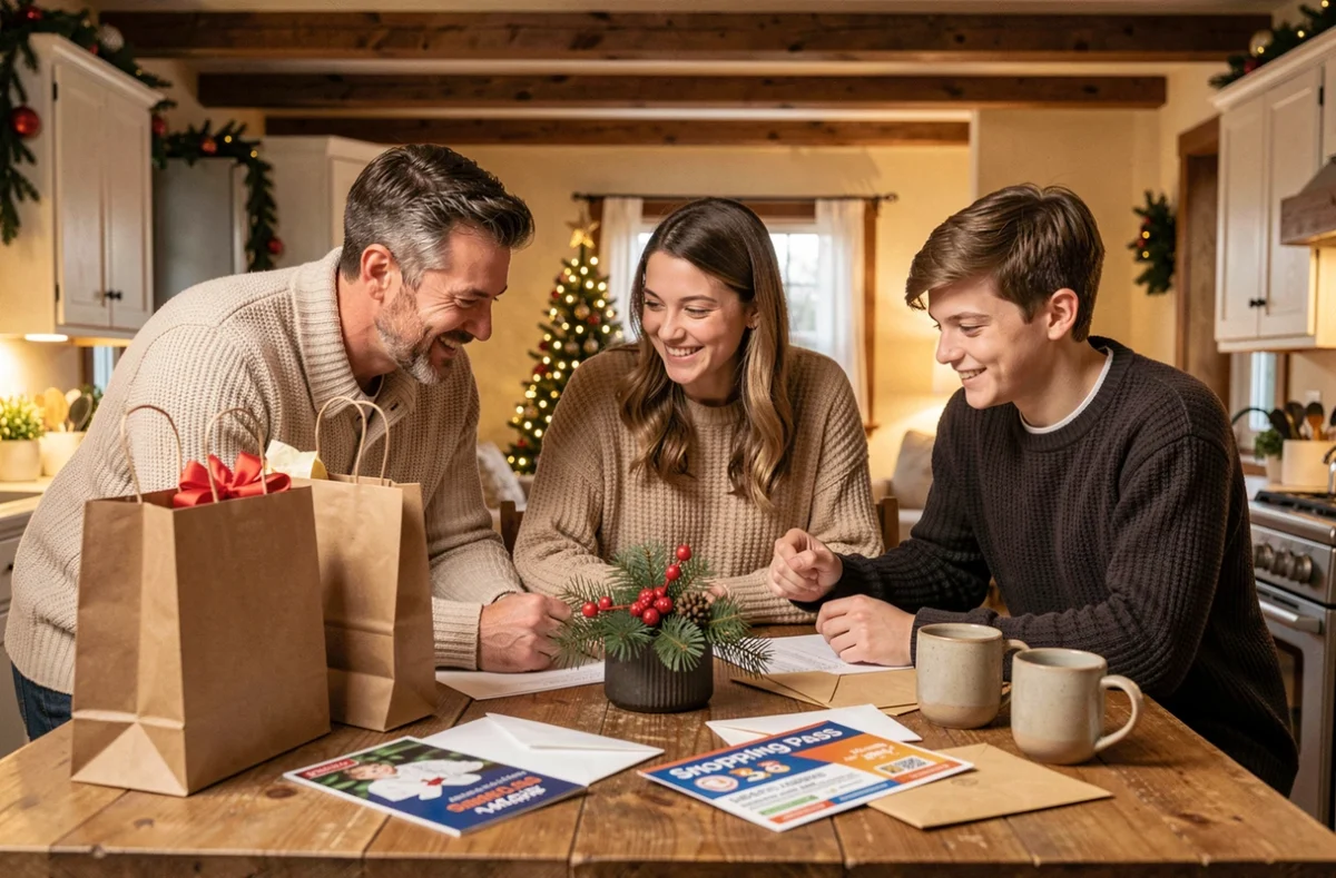 Famille réunie autour d'une table à la maison en train de planifier leurs achats de Noël avec des chèques Shopping Pass
