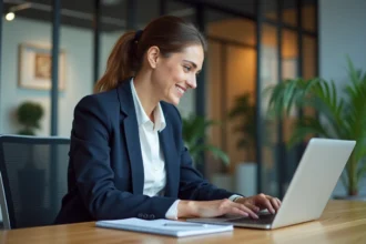 Femme d'affaires souriante au bureau moderne