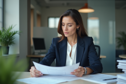 Femme d affaires en bureau vérifiant des documents fiscaux