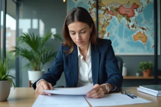 Femme d'affaires en costume bleu examinant des documents