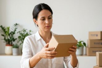 Femme d'affaires examinant un emballage kraft minimaliste dans un bureau moderne, illustrant l'importance du packaging pour l'image de marque d'une entreprise