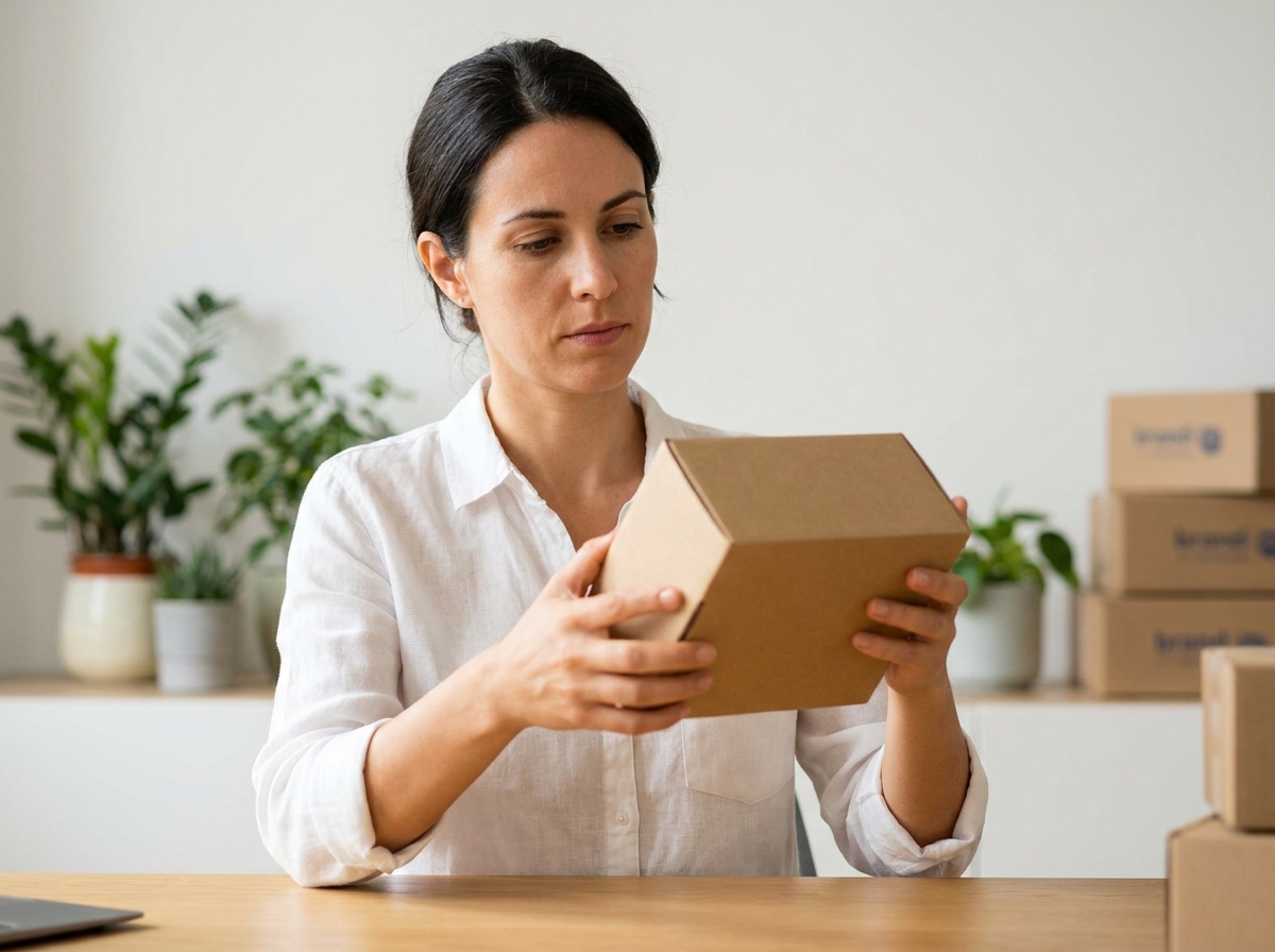 Femme d'affaires examinant un emballage kraft minimaliste dans un bureau moderne, illustrant l'importance du packaging pour l'image de marque d'une entreprise