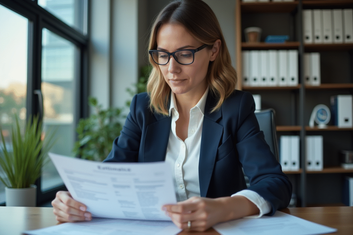 Femme d affaires en bureau examine un devis