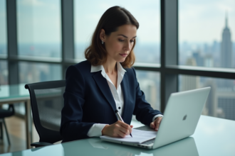 Femme d affaires en costume bleu dans un bureau moderne