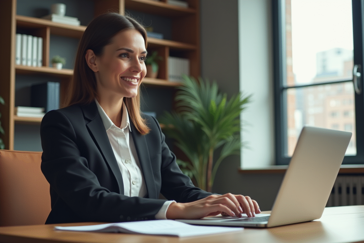 Femme d'affaires confiante travaillant sur un ordinateur dans un bureau moderne