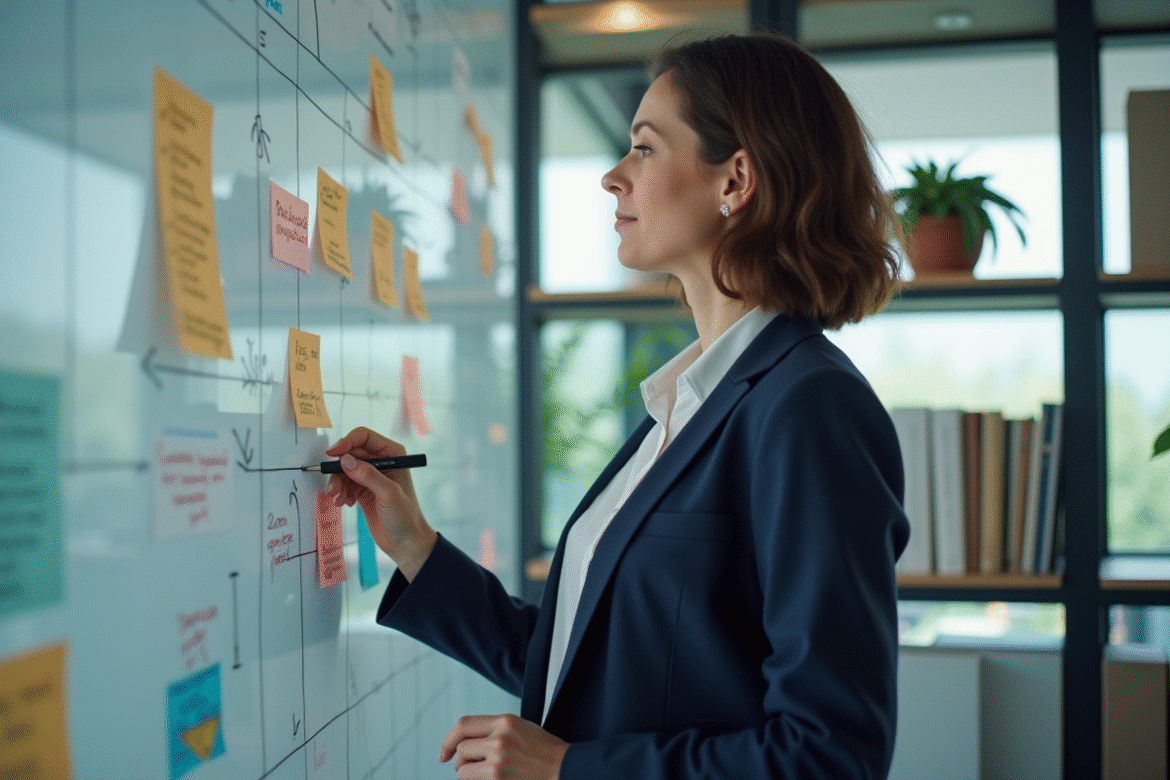 Femme d'affaires en réflexion dans un bureau organisé