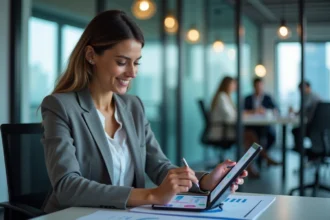 Femme d affaires souriante analysant des graphiques dans un bureau moderne
