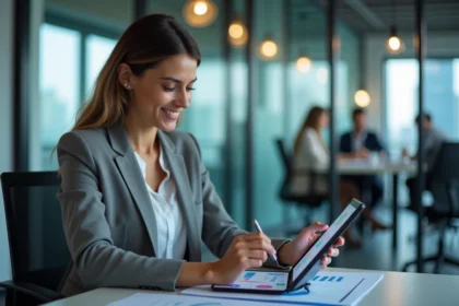 Femme d affaires souriante analysant des graphiques dans un bureau moderne