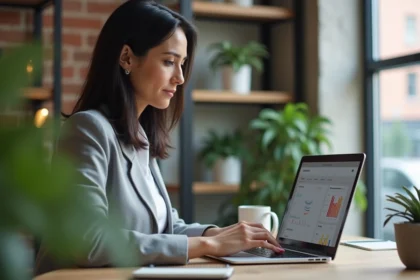Femme en blazer gris travaillant sur un blog avec tableau de bord analytique dans un bureau moderne avec mur en briques apparentes