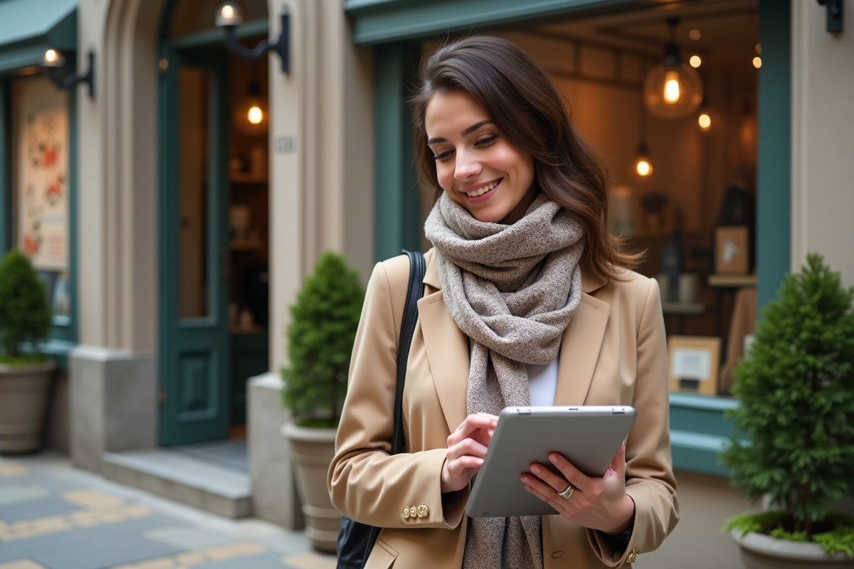 Jeune femme propriétaire de boutique devant son magasin