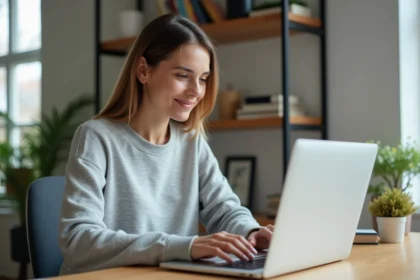 Femme lisant des actualités numériques sur un ordinateur portable dans un bureau moderne et épuré