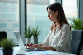 Femme concentrée travaillant sur un ordinateur avec graphiques marketing