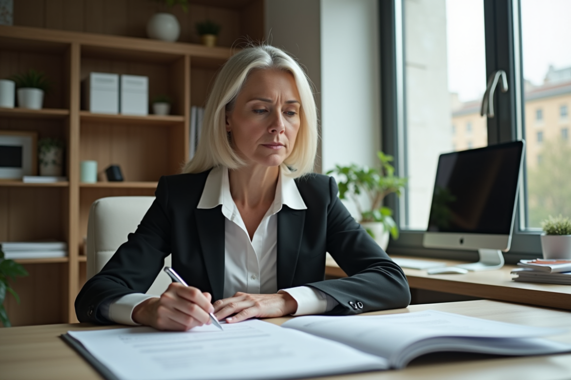 Femme d'affaires réfléchissant dans un bureau organisé