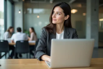 Femme confiante en tenue professionnelle dans un espace de coworking
