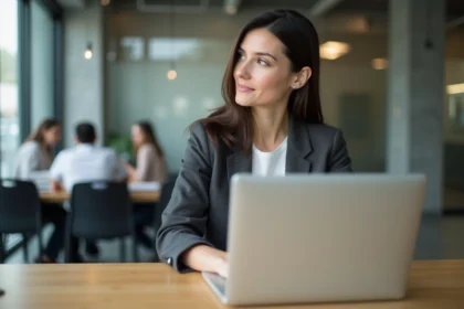 Femme confiante en tenue professionnelle dans un espace de coworking