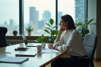 Femme d'âge moyen dans un bureau moderne pensant