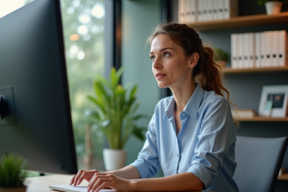 Femme au bureau moderne en pleine concentration