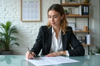 Femme d'affaires au bureau examinant des documents importants