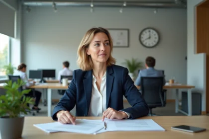 Femme consultante vérifiant les heures légales de travail avec des documents officiels dans un bureau moderne
